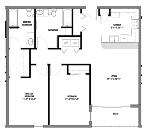 Floor plan for 2 beds, 2 baths, 1093 sqft